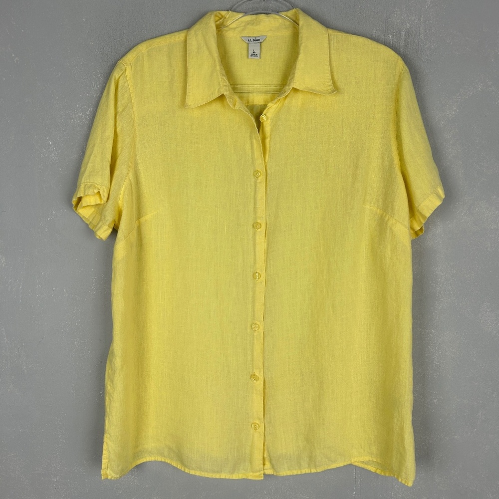 LL Bean women size L short sleeve button up top yellow 100% linen